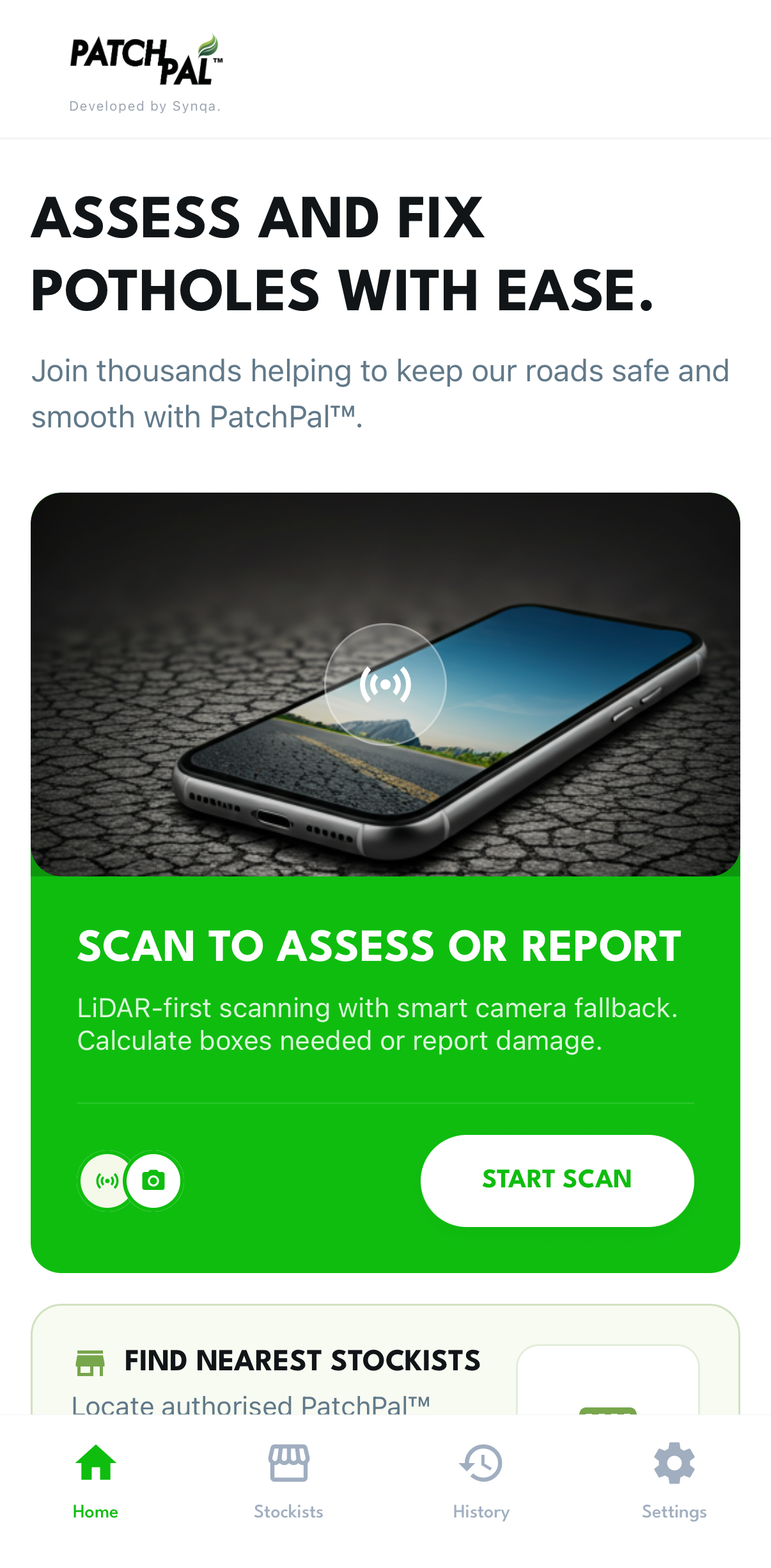PatchPal app showing a map view with a pinned pothole location in Cape Town, displaying depth and width measurements alongside a Community Works repair queue button