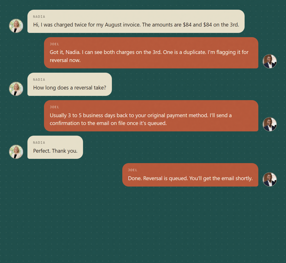 Theta app preview: the assistant reading a customer message and drafting a reply from the connected knowledge base for the operator to approve